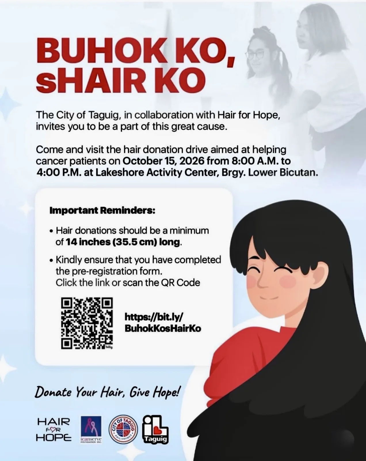 Buhok Ko, sHair Ko poster: the City of Taguig with Hair for Hope invites donors to a hair donation drive for cancer patients on 15 October 2026, 8am to 4pm, at the Lakeshore Activity Center, Brgy. Lower Bicutan; donations of at least 14 inches; logos of Hair for Hope, ICanServe Foundation and the City of Taguig
